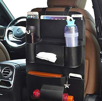 Moto Shield Deluxe Car Seat Organizer – Multi-Pocket PU Leather Storage Bag for Phones, Bottles, Tissues & Umbrella (Black)